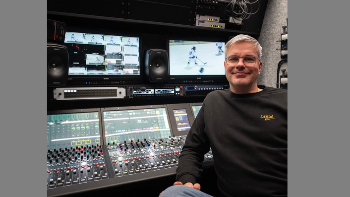 Christian Maier, Senior Broadcast Audio Engineer at brutal güet, in front of the Lawo mc²56 MkIII Audio Production Console Christian Maier, Senior Broadcast Audio Engineer at brutal güet, in front of the Lawo mc²56 MkIII Audio Production Console